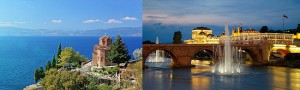 View of a St. Jovan Kaneo church overlooking Ohrid lake, Macedonia on a sunny day