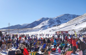 People relaxing at the outdoor lounge in Roccaraso ski resort of south-central Italy. 
