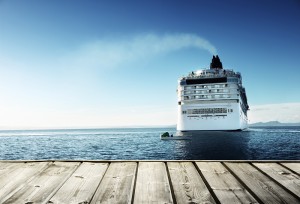 Caribbean sea and cruise ship and wood pier